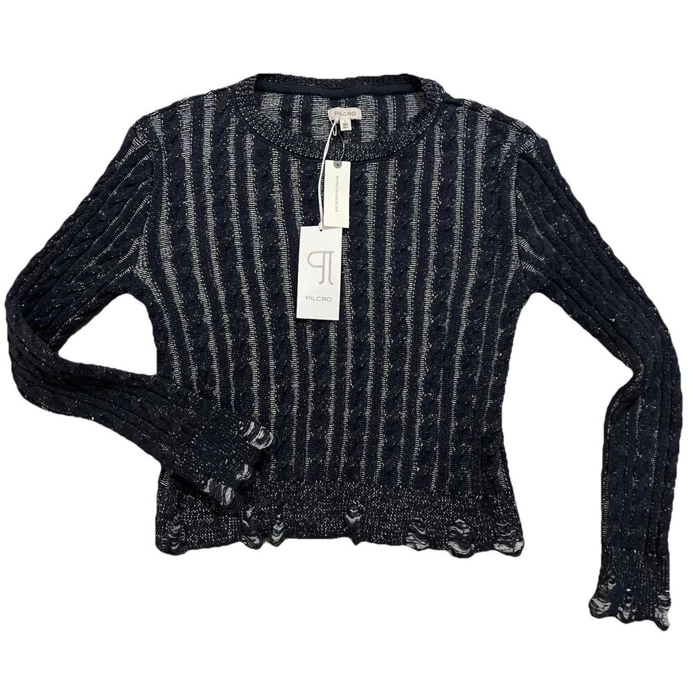 Anthropologie Pilcro Sweater Size L Navy Blue Distressed Thick Knit Long Sleeve
